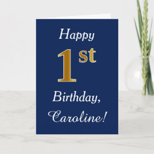 Tarjeta Azul, Faux Gold 1er cumpleaños + Nombre personaliz