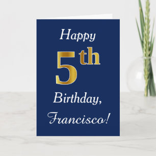 Tarjeta Azul, Faux Gold 5 cumpleaños + Nombre personalizad