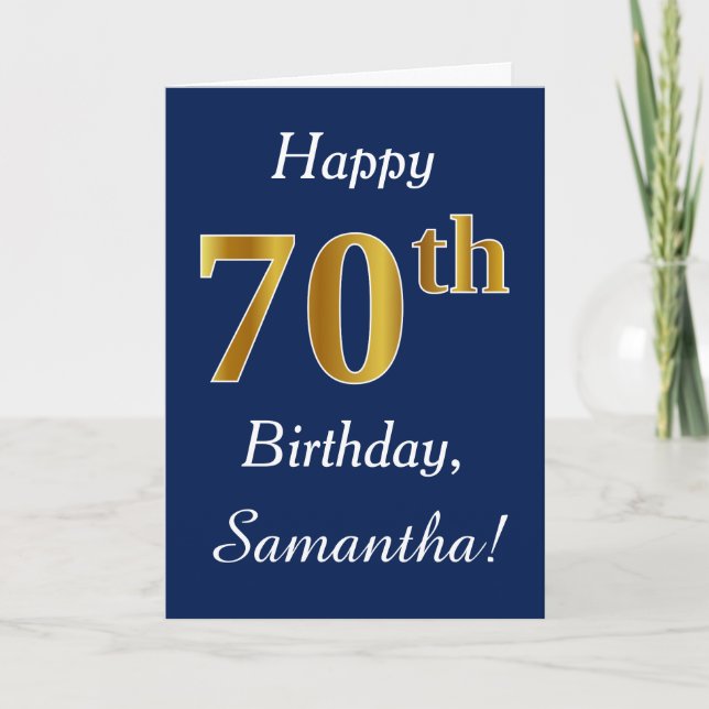 Tarjeta Azul, Faux Gold 70 cumpleaños + Nombre personaliza (Anverso)