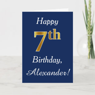 Tarjeta Azul, Faux Gold 7 cumpleaños + Nombre personalizad