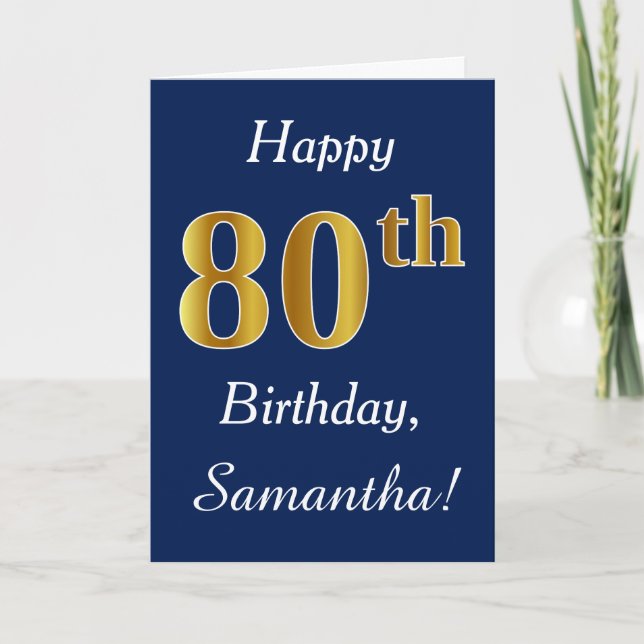 Tarjeta Azul, Faux Gold 80th Birthday + Nombre personaliza (Anverso)