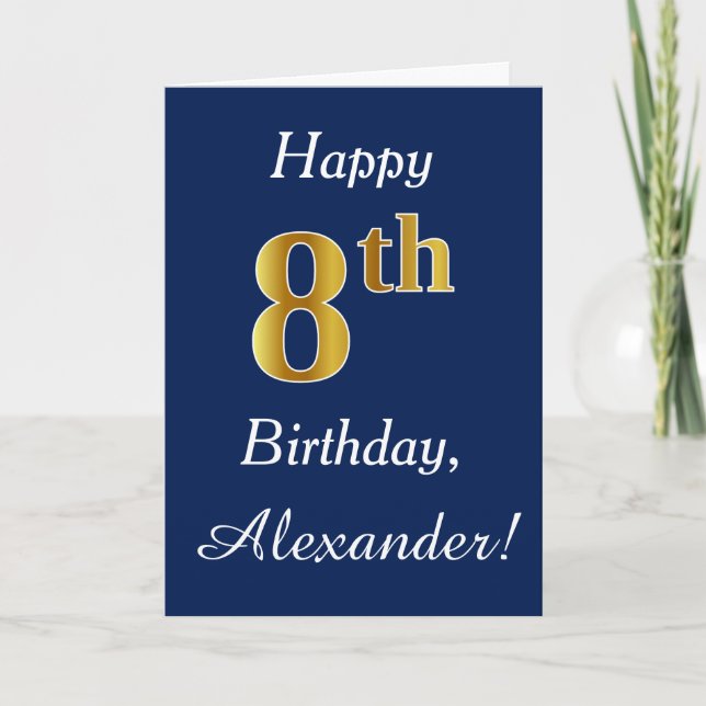 Tarjeta Azul, Faux Gold 8Cumpleaños + Nombre Personalizado (Anverso)