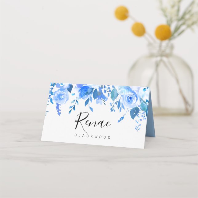 Tarjeta azul floral, bautizo floral azul (Anverso)