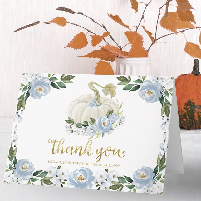 Tarjeta Azul Floral Calabaza Caída Baby Shower Gracias (Subido por el creador)