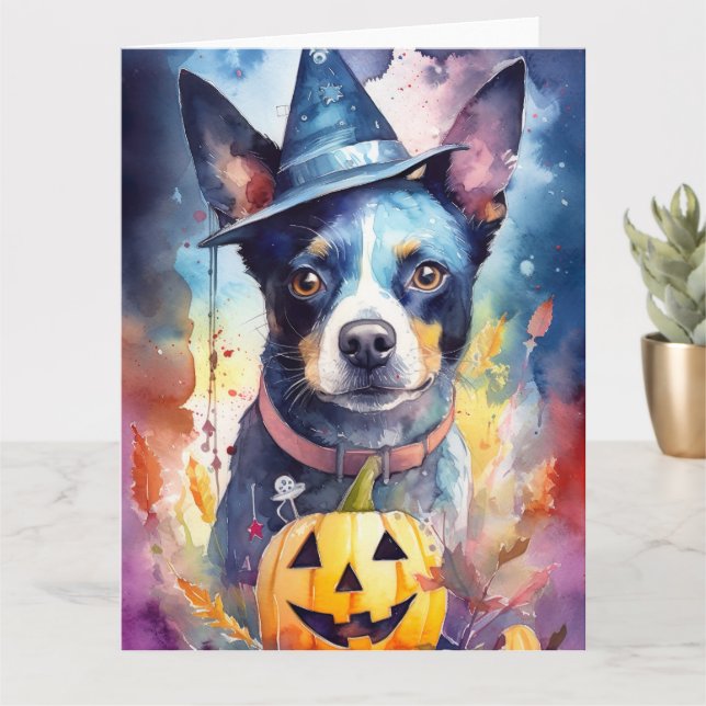 Tarjeta Azul Halloween Blue Heeler Con Calabazas Espeluzna (Planta pequeña)