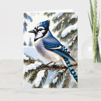 Tarjeta Azul Jay en pinos nevados Saludo de invierno