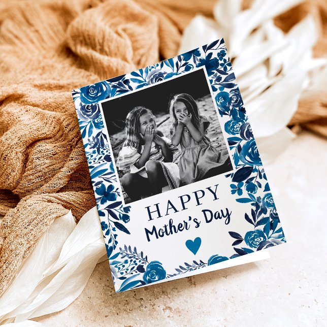 Tarjeta Azul marino Floral acuarela poema foto Día de la m (Subido por el creador)