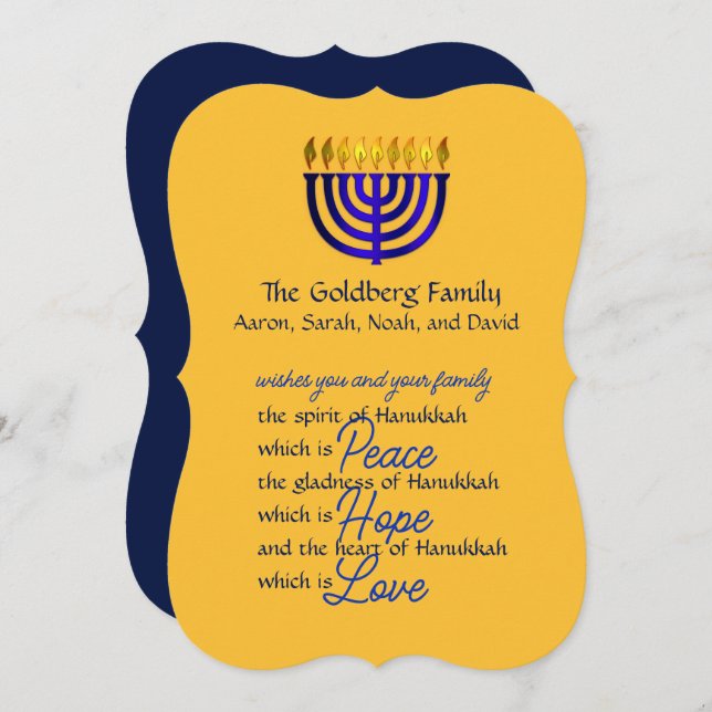 Tarjeta azul Menorah Hanukkah (Anverso / Reverso)