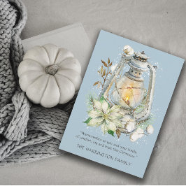 Tarjeta azul para Navidades de nieve de linterna d