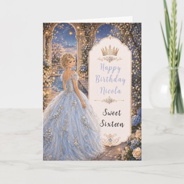 Tarjeta Azul Polvo Dulce 16 Princesa Jardín (Anverso)