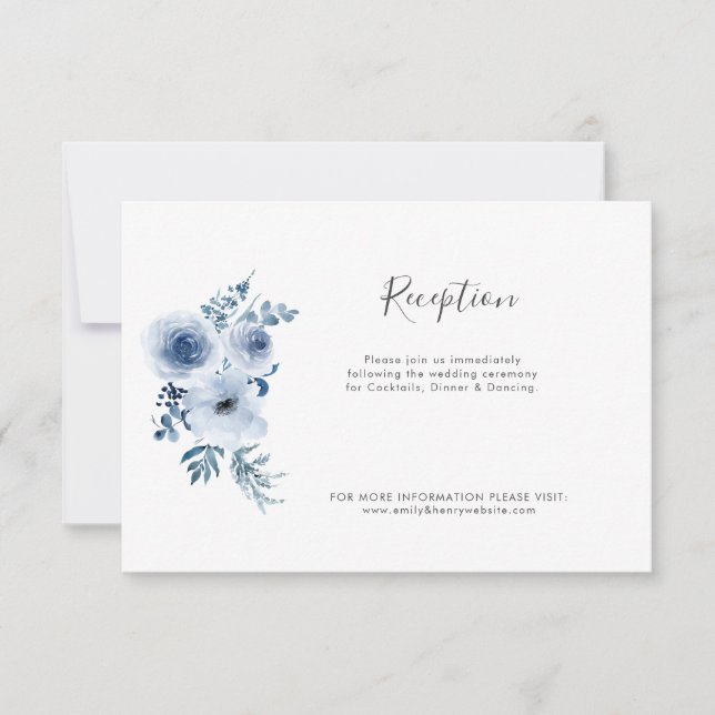 tarjeta azul polvoriento de recepción de boda flor (Anverso)