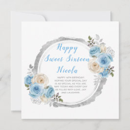 Tarjeta Azul Polvoriento Flores Elegantes Dulces Dieciséis