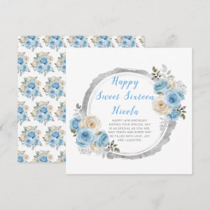 Tarjeta Azul Polvoriento Flores Elegantes Dulces Dieciséis