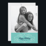 Tarjeta azul retra de la foto del día de fiesta de<br><div class="desc">Esta tarjeta de la retro-moda emotes la alegría intemporal de la estación y se diseña exclusivamente para Zazzle. Perfeccione para un vintage con todo el saludo moderno del día de fiesta. Los puntos minúsculos con un flourish azul caspio de la frontera y del vintage en la ayuda blanca destacan sus...</div>