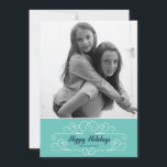 Tarjeta azul retra de la foto del día de fiesta de<br><div class="desc">Esta tarjeta de la retro-moda emotes la alegría intemporal de la estación y se diseña exclusivamente para Zazzle. Perfeccione para un vintage con todo el saludo moderno del día de fiesta. Los puntos minúsculos con un flourish azul caspio de la frontera y del vintage en la ayuda blanca destacan sus...</div>