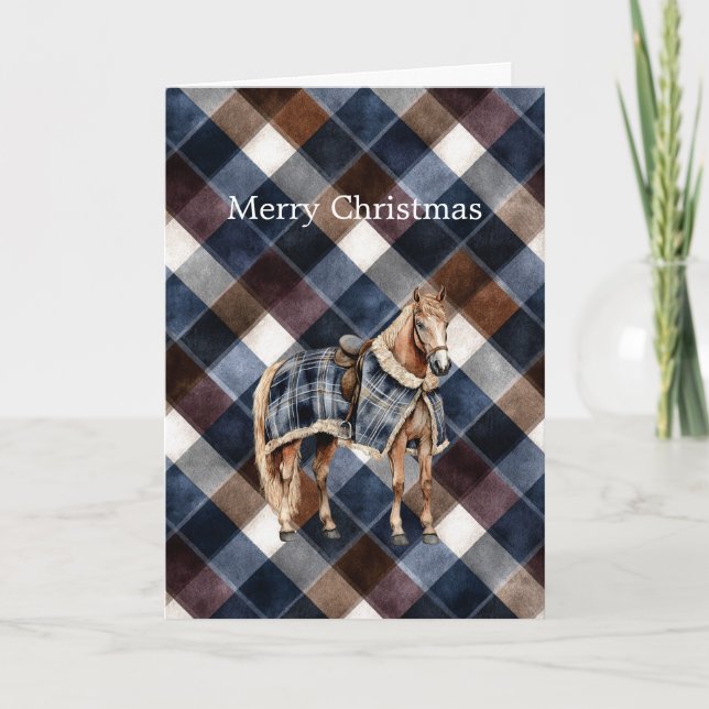 Tarjeta Azul Rojo Blanco Cuadrados Caballo Navidad País (Anverso)