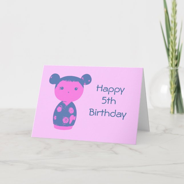 Tarjeta azul rosa Kokeshi (Anverso)