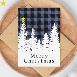 Tarjeta Azul Rústico Plaid Búfalo Bosque Feliz Navidad