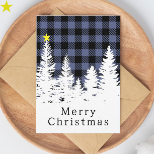Tarjeta Azul Rústico Plaid Búfalo Bosque Feliz Navidad