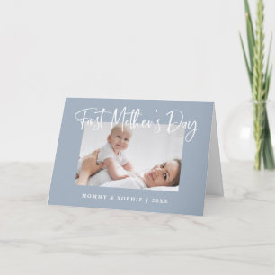 Tarjeta Azul turbio Script First Mother's Day Photo