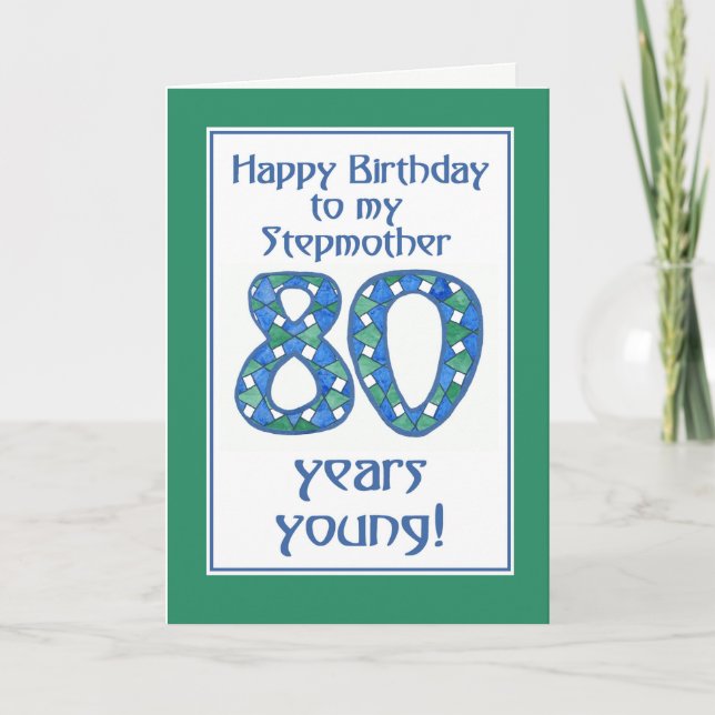 Tarjeta Azul, verde, blanco 80 cumpleaños para la madrastr (Anverso)