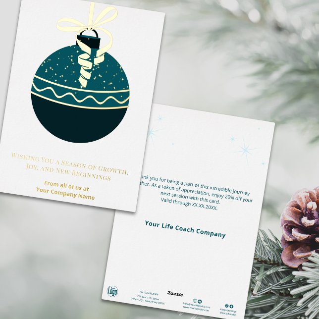 Tarjeta azul-verde de vacaciones en Relieve metali (Business | Company - Blue-Green Christmas Tree Bauble Foil Holiday Card)