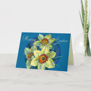 Tarjeta azul y amarilla de "Feliz Pascua"