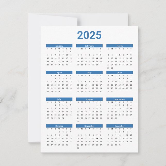 Tarjeta Azul y blanco 2025 año a un vistazo de calendario  (Anverso)
