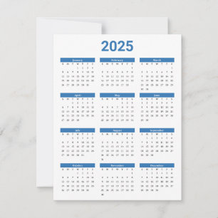 Tarjeta Azul y blanco 2025 año a un vistazo de calendario