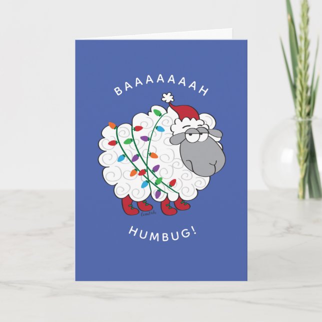 Tarjeta Baaah Humbug Sheep envuelto en Navidades enciende  (Anverso)