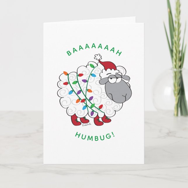 Tarjeta Baaah Humbug Sheep envuelto en Navidades enciende  (Anverso)