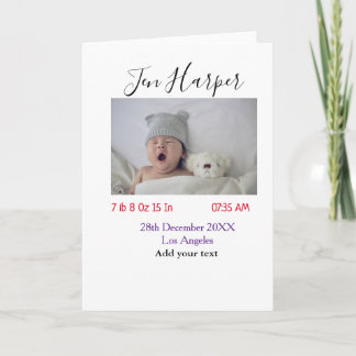 Tarjeta Baby birth stats add name place date keepsake memo