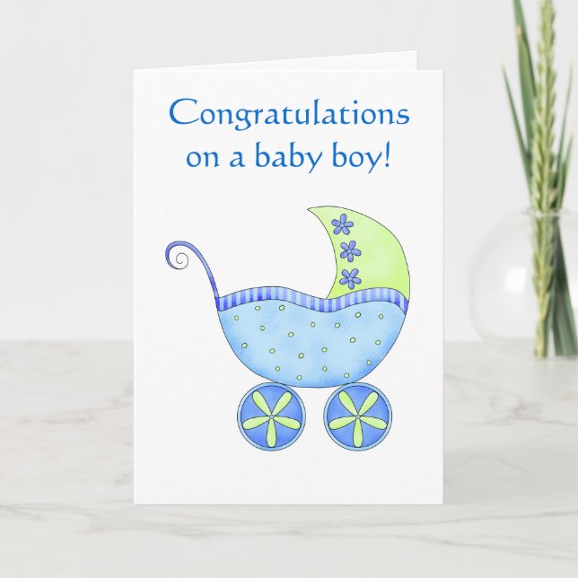 Tarjeta Baby Boy Felicitaciones Buggy Carriage Blue (Anverso)