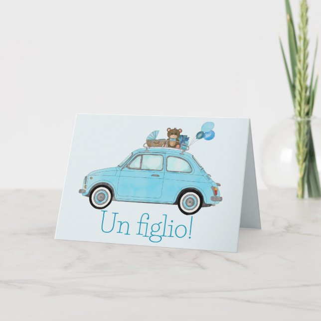 Tarjeta Baby Boy Fiat 500 Felicitaciones Italianas (Anverso)