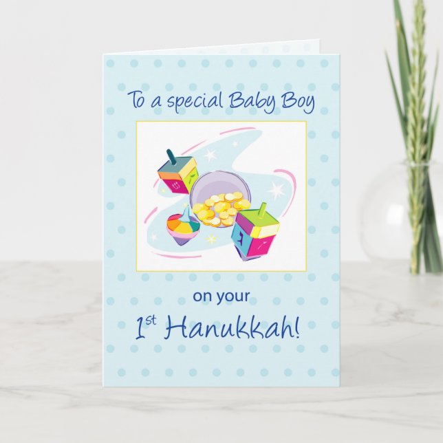 Tarjeta Baby Boy First Hanukkah Dreidel Gold Coins (Anverso)