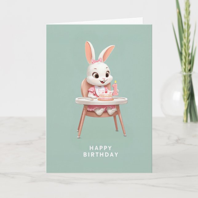 Tarjeta Baby Bunny Girl in High Chair 1st Birthday Cake (Anverso)