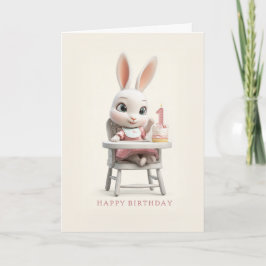 Tarjeta Baby Bunny Girl in High Chair 1st Birthday Cake