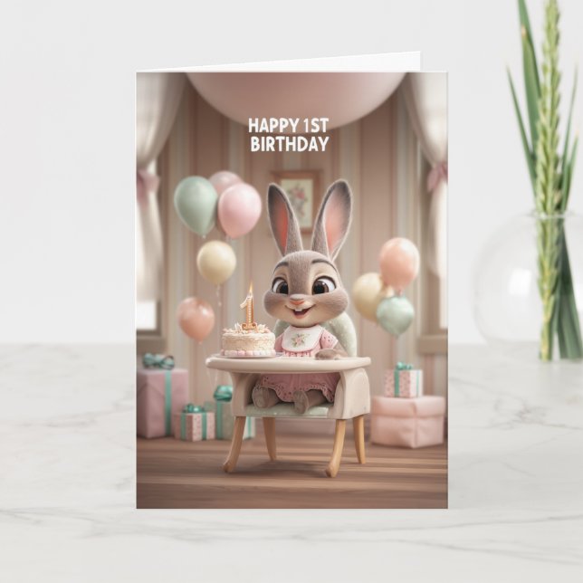 Tarjeta Baby Bunny in High Chair w/ Balloons 1st Birthday (Anverso)