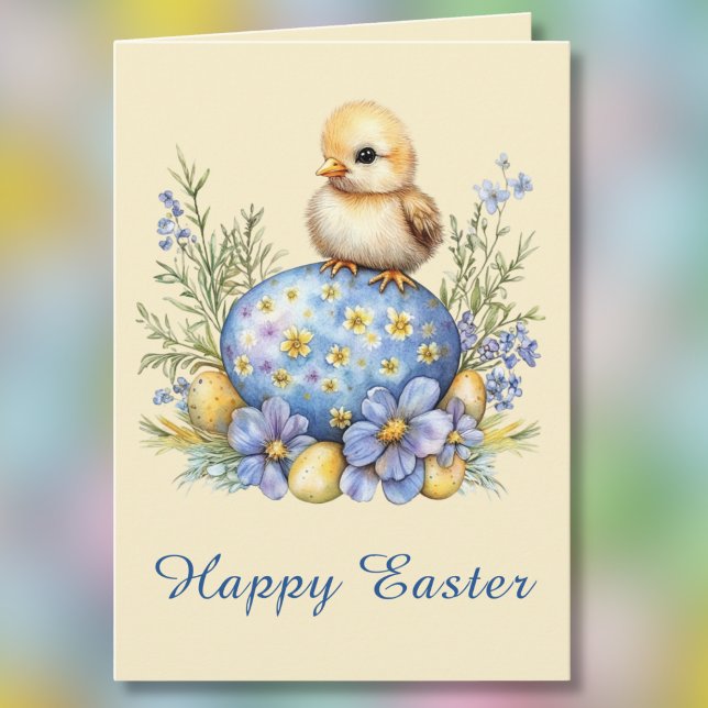 Tarjeta Baby Chick Happy Easter Egg Blue Yellow Flowers (Subido por el creador)