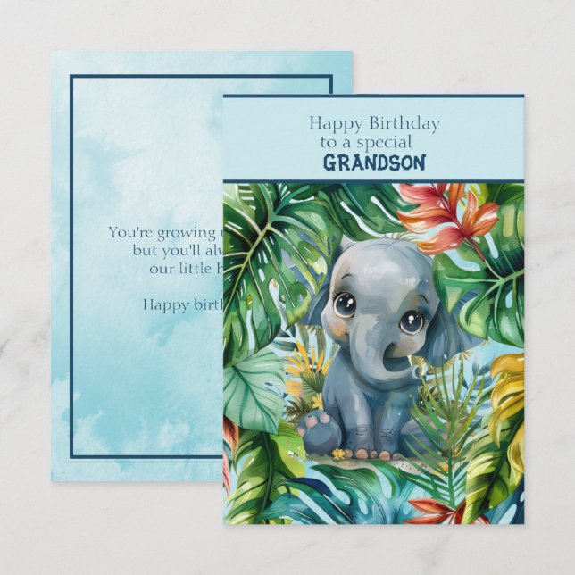 Tarjeta Baby Elephant Happy Birthday Special Grandson (Anverso / Reverso)