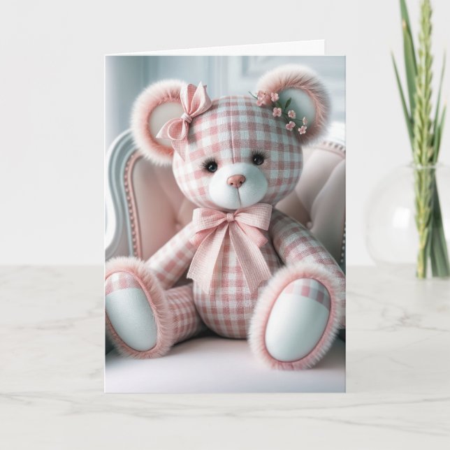 Tarjeta Baby Gingham Teddy Bear en la silla (Anverso)