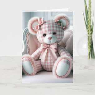 Tarjeta Baby Gingham Teddy Bear en la silla