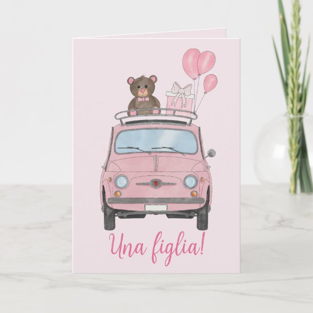 Tarjeta Baby Girl Fiat 500 Felicitaciones italianas (Anverso)