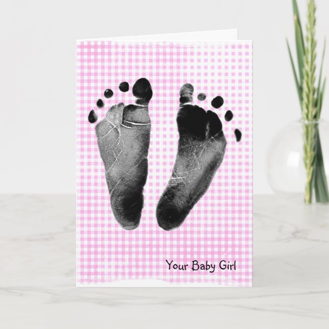 Tarjeta Baby Girl Footprints on Gingham (Anverso)