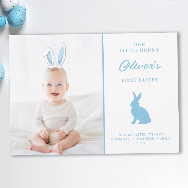 Tarjeta Baby’s 1st Easter Photo Card With Blue Bunny Ears (Subido por el creador)