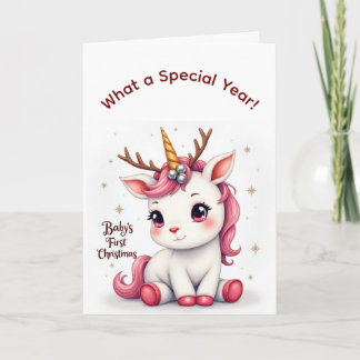 Tarjeta Baby’s First Christmas 2025 Unicorn Reindeer card