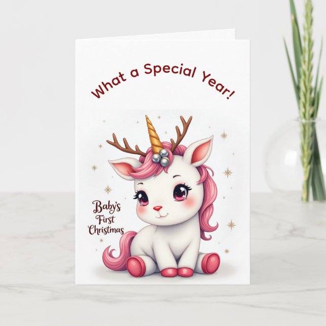 Tarjeta Baby’s First Christmas 2025 Unicorn Reindeer card (Anverso)