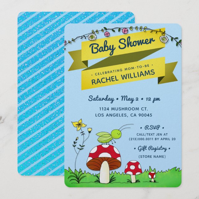Tarjeta Baby Shower azul para el Purpurina Cricket (Anverso / Reverso)
