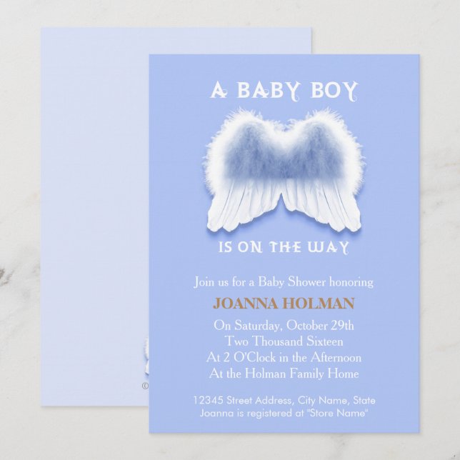 Tarjeta Baby Shower Blue Angel Wings (Anverso / Reverso)