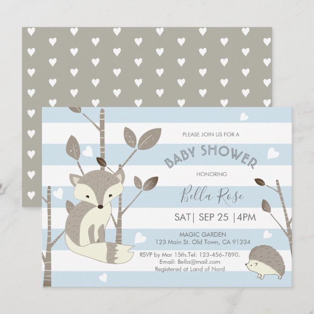 Tarjeta Baby Shower Blue Gray Woodland Fox Hedgeho (Anverso / Reverso)